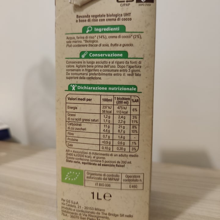 photo of Carrefour Bio Latte di riso e cocco shared by @manuelocchetti on  19 Mar 2022 - review