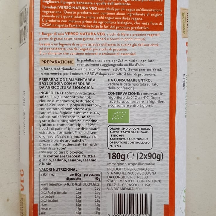 photo of Verso Natura Conad Veg Burger Di Soia alle Verdure shared by @matymarchio on  18 Feb 2021 - review