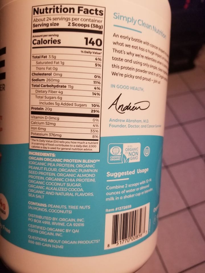 photo of Orgain Simple protein powder- Choc PB shared by @soberveganvan on  29 Feb 2020 - review
