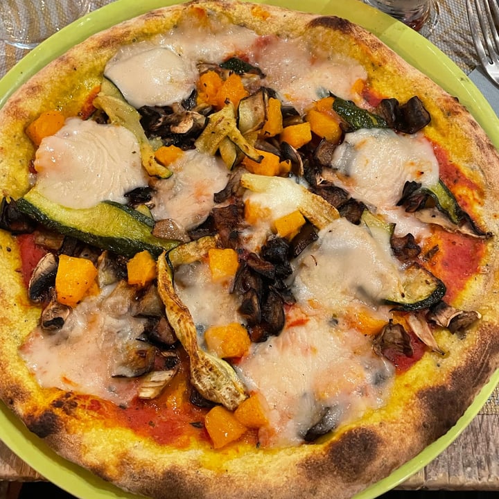 photo of In The Courtyard Center Gourmet Pizza (Il Cortile In Centro Pizza Gourmet) Pizza Con Impasto Di Curcuma E Semi Con Zucca Saporita, Funghi, Melanzane E Mozzarella Vegana shared by @serenata on  27 Oct 2022 - review