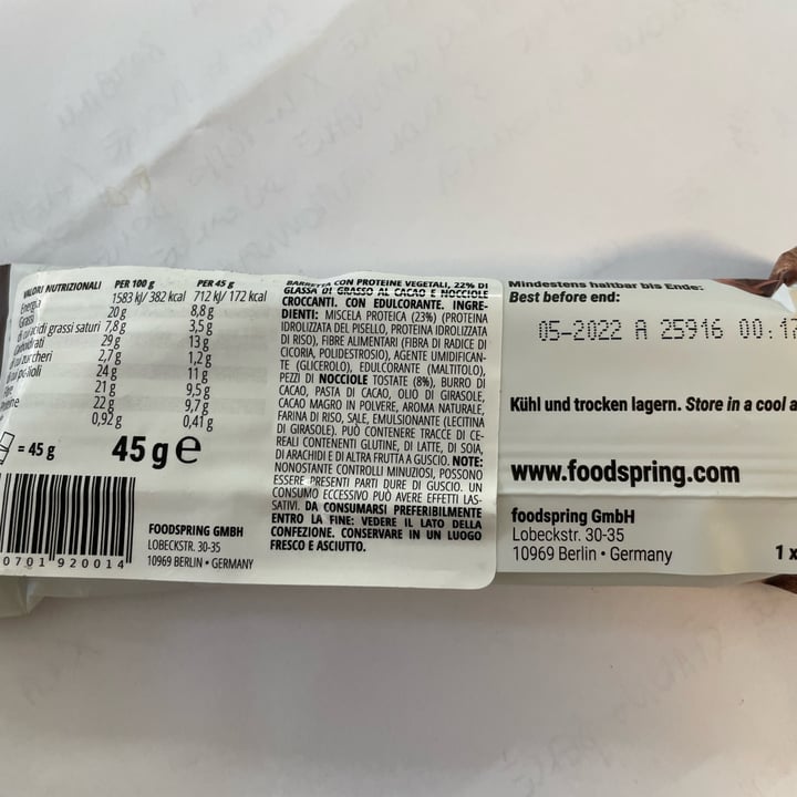 photo of Foodspring Vegan Protein Bar Hazelnut Crunch shared by @lapalermitanavegana on  27 Mar 2022 - review