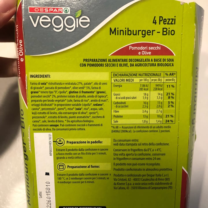 photo of Despar Veggie Miniburger bio pomodori secchi e olive shared by @stellaboscariol on  08 Nov 2022 - review