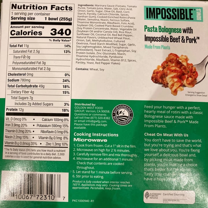 photo of Impossible Foods Pasta Bolognese with Impossible Beef and Pork shared by @tammydillon on  05 Nov 2022 - review