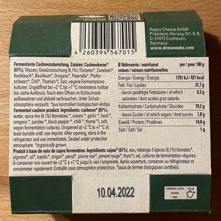 photo of Dr. Mannah's Happy Cashew Cheese Alternative Greek Herbs Griechische Kräuter shared by @esclaire on  20 Nov 2021 - review