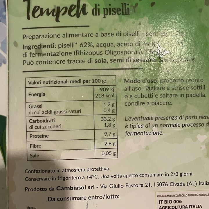photo of Cambiasol Tempeh di piselli shared by @akob98 on  04 Oct 2022 - review