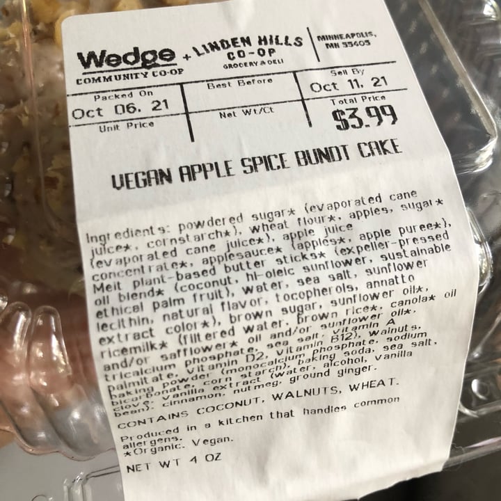 photo of Wedge Community Co-op Apple spice Bundt Cake shared by @katiewink on  26 Oct 2021 - review