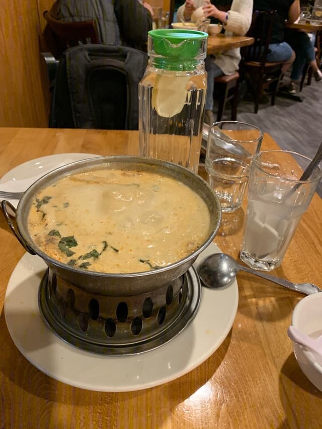 Photo of the dish “TOM KHA THAI SOUP, Tuna Sandwich, Browny”