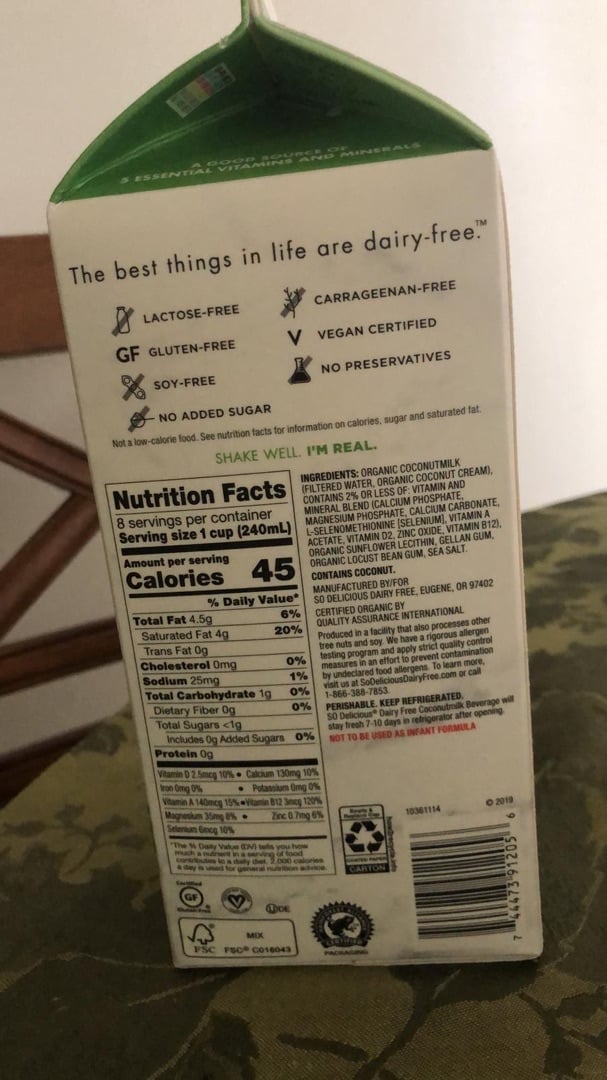 photo of So Delicious Dairy Free Organic Coconut Milk Beverage Unsweetened shared by @tortuguita on  24 Mar 2020 - review