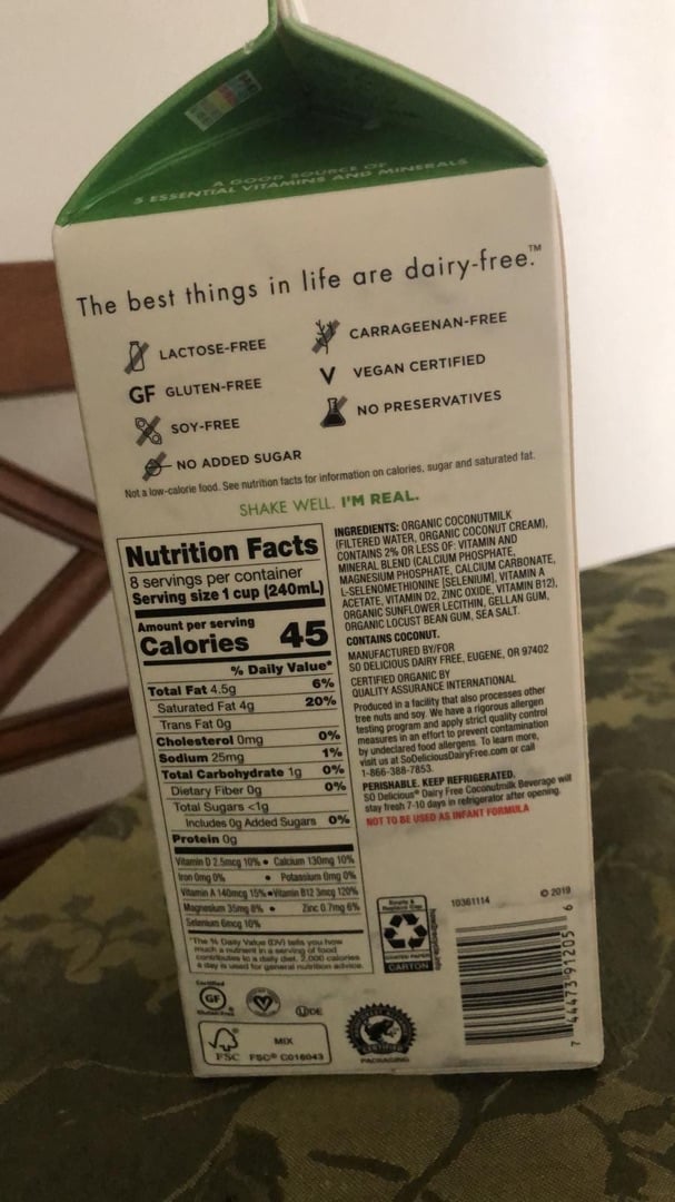 review photo of So Delicious Dairy Free Organic Coconut Milk Beverage Unsweetened shared by @tortuguita on 24 Mar 2020 - review