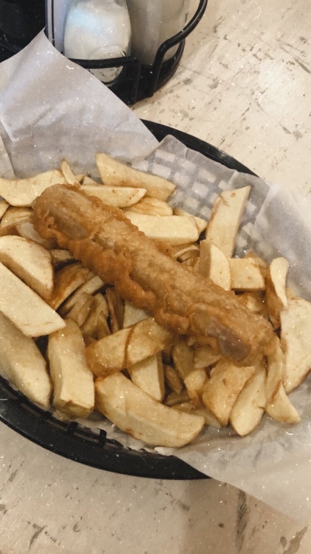 review photo of Sutton and Sons Vegan Chip Shop Vegan battered sausage with chips shared by @gumpi on 12 Dec 2019 - review