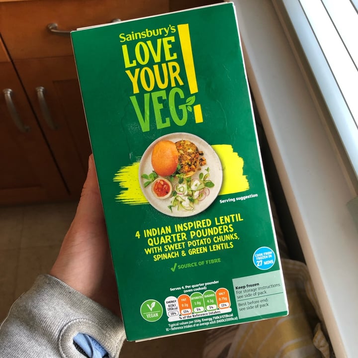 photo of Sainsbury's 4 Indian Inspired Lentil Quarter Pounders shared by @yourlocalvegan on  16 Apr 2022 - review