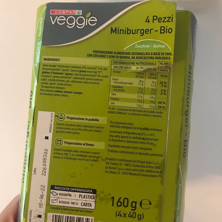 photo of Despar Veggie Miniburger bio zucchine e quinoa shared by @valeria96 on  23 May 2022 - review