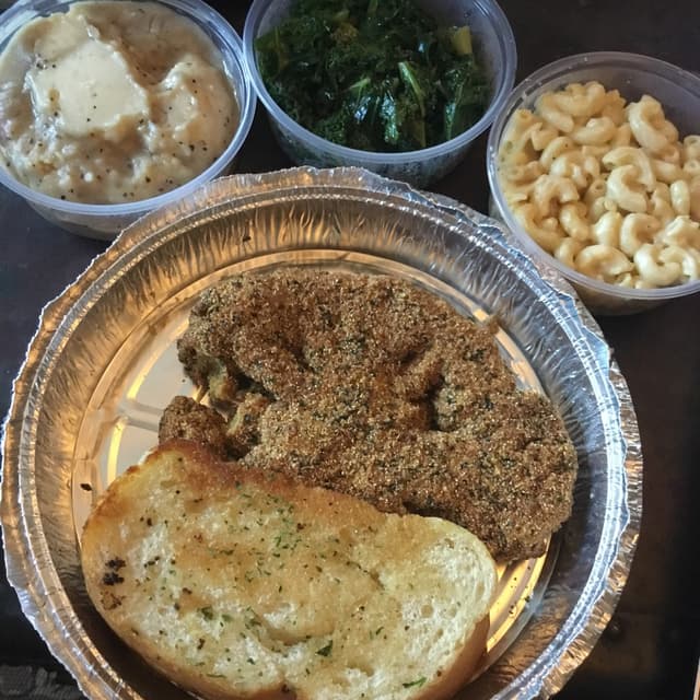 Photo of the dish “Country Fried Caulisteak with Mac, Mash & Kale and Gluten Free Bread”