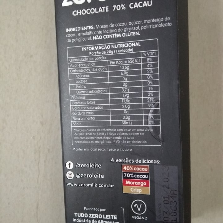 photo of Zeromilk Chocolate 70% cacau shared by @mariaaparecida on  08 May 2022 - review