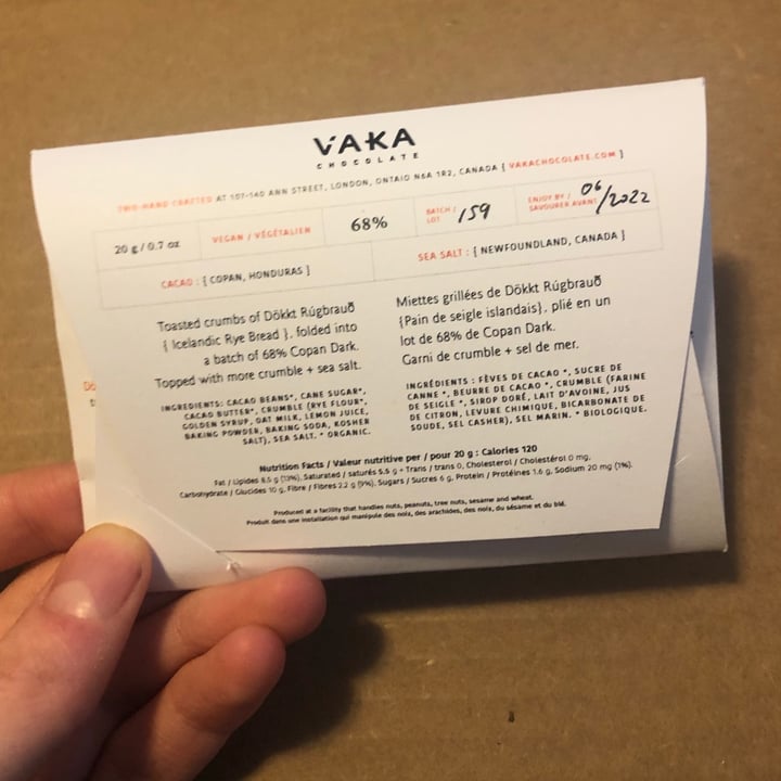 review photo of Vaka Craft Chocolate Rye Crumb and Sea Salt shared by @voidsalts on 29 Mar 2021 - review