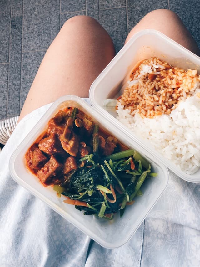 Photo of the dish “Tofu & Tempeh Curry, Spinach and Cabbage with Brown Rice (Malay Stall)”