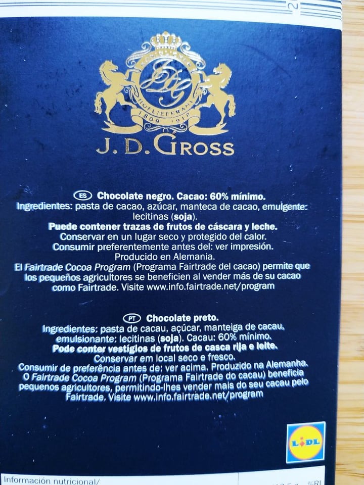 photo of J. D. Gross Chocolate Amazonas 60% shared by @tomatoandpotatovegan on  22 Feb 2020 - review
