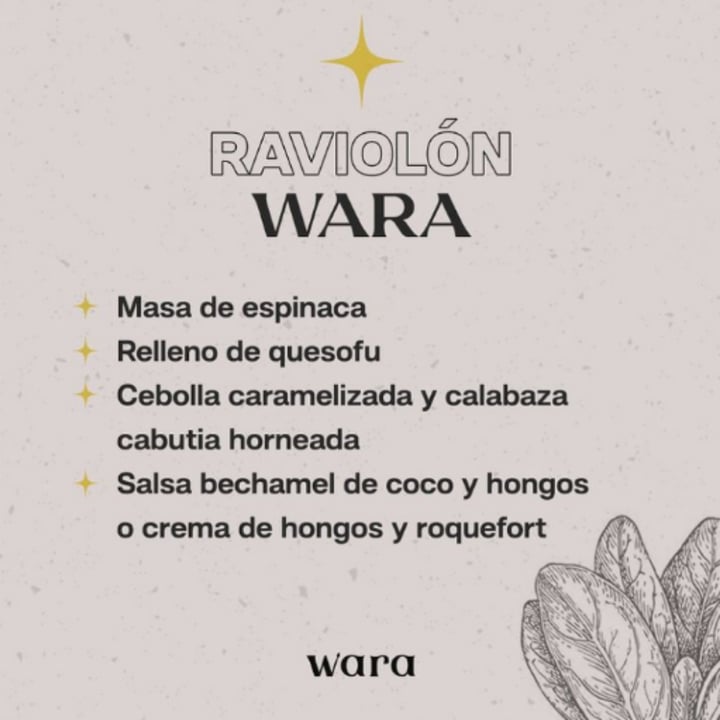 photo of Wara espacio saludable Raviolones De Espinaca Rellenos De Cabutia Con Bechamel De Coco Y Hongos shared by @leivavanita on  02 Apr 2022 - review