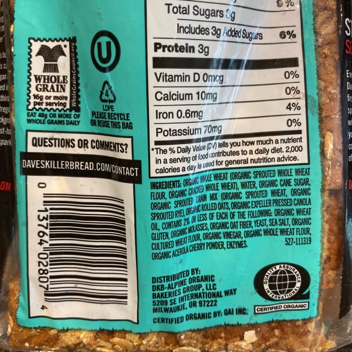 photo of Dave's Killer Bread Thin Sliced Sprouted Whole Grains shared by @sjmeans on  24 Jun 2021 - review