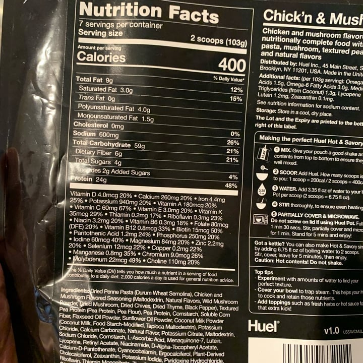 photo of Huel hot and savory pasta meal - chick’n and Mushroom shared by @drichi on  10 May 2022 - review