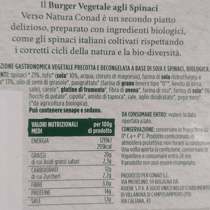 photo of Verso Natura Conad Veg Burger vegetale agli spinaci biologico shared by @laveganamarchiggiana on  20 Oct 2022 - review