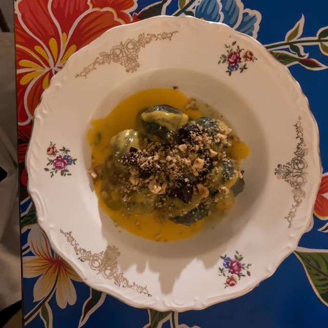 Photo of the dish “Gnudi di Bietole, Spinaci e Ricotta di Mandorle con Crema di Zucca, Rape Rosse, Panure alle Nocciole e Olio alla Salvia”