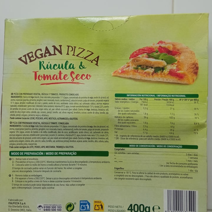 photo of Hacendado Vegan Pizza Rúcula & Tomate Seco shared by @joacomo on  27 Aug 2022 - review
