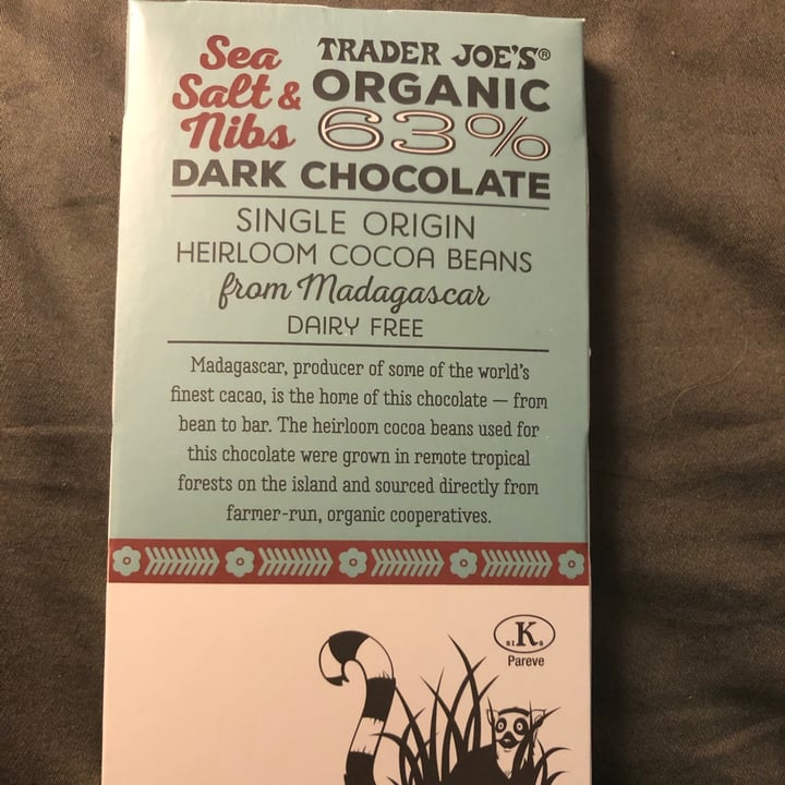 photo of Trader Joe's Organic sea salt & nibs 63% dark chocolate Bar shared by @maryannkiger on  06 Jun 2021 - review