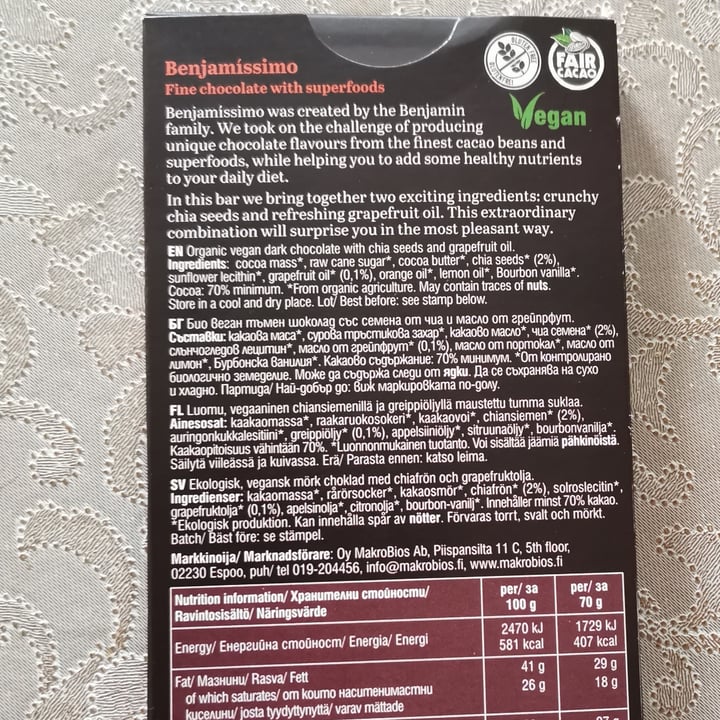 photo of Benjamissimo Chia Grapefruit 70% Dark Chocolate shared by @valibabali on  23 Apr 2021 - review