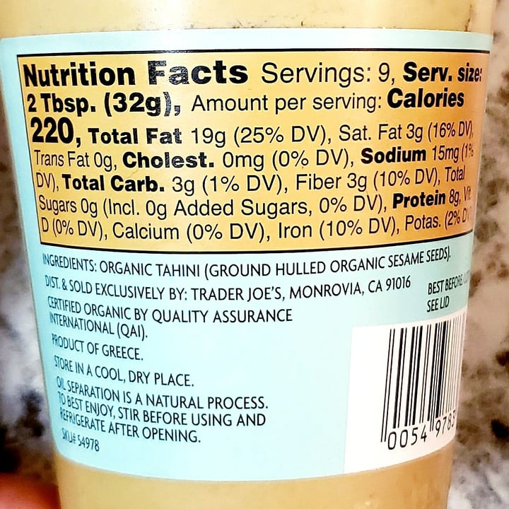 photo of Trader Joe's Organic Tahini shared by @veganmeg on  18 Sep 2021 - review