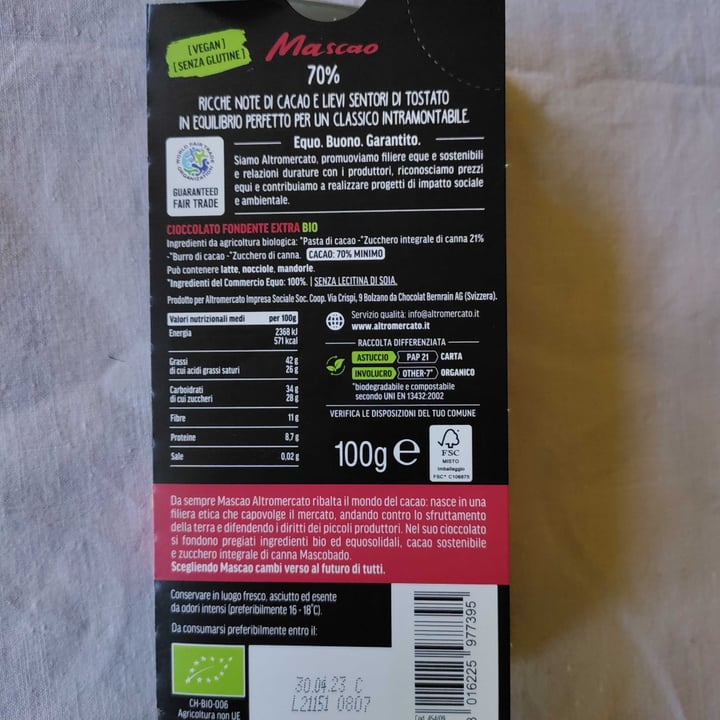 review photo of Altro mercato Mascao Fondente Extra 70% shared by @alegelb on 09 Apr 2022 - review