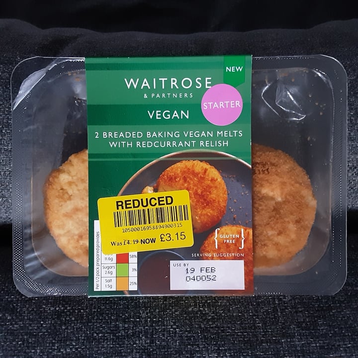 photo of Waitrose 2 breaded baking vegan melts with redcurrant relish shared by @waitrosevegan on  28 Feb 2021 - review