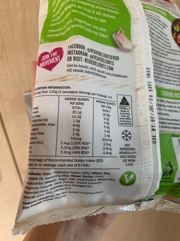 review photo of Vegie Delights BBQ Sausages shared by @plantbasedarmy on 01 Feb 2020 - review