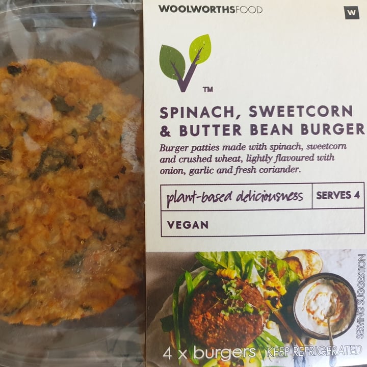 photo of Woolworths Food Spinach, Sweetcorn & Butter Bean Burger shared by @knaude21 on  12 Aug 2020 - review