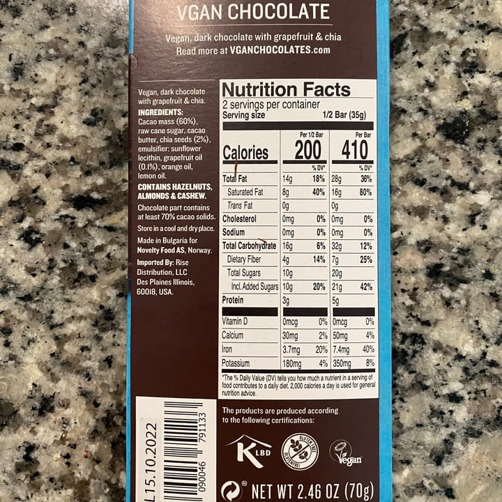 review photo of VGAN Chocolate Vegan Dark Chocolate With Grapefruit & Chia shared by @mcobianm on 10 Aug 2021 - review