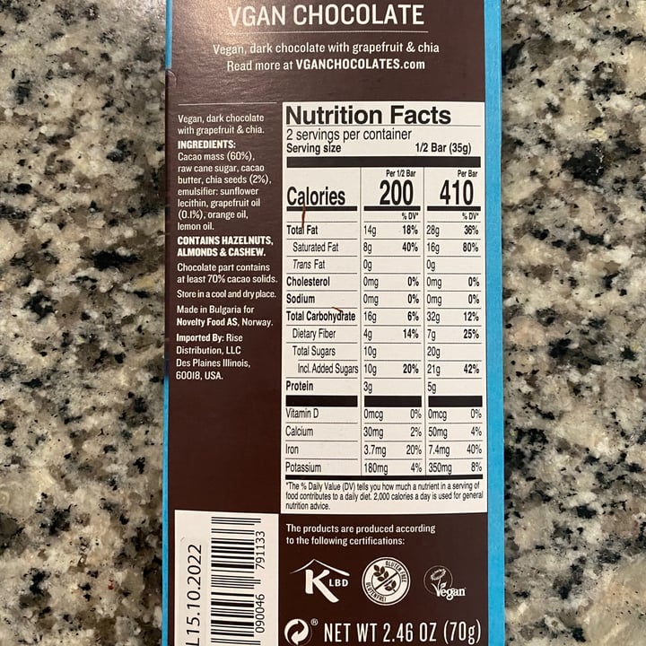 photo of VGAN Chocolate Vegan Dark Chocolate With Grapefruit & Chia shared by @mcobianm on  10 Aug 2021 - review