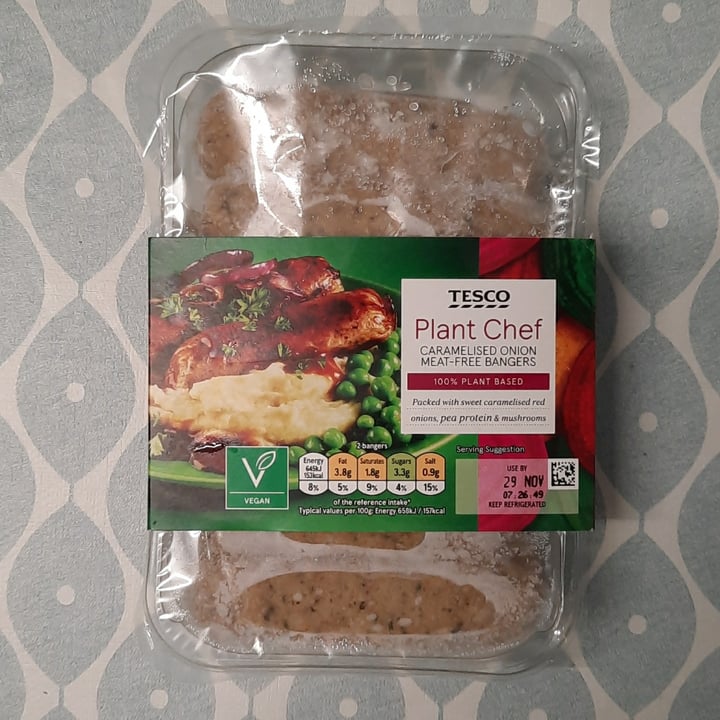 photo of Tesco Plant Chef Caramelised onion meat-free bangers shared by @heatherlouise on  04 Jan 2021 - review