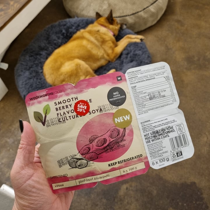 review photo of Woolworths Food Smooth Berry Trifle Flavoured Cultured Soya shared by @twohappyrescuemutts on 20 Nov 2022 - review
