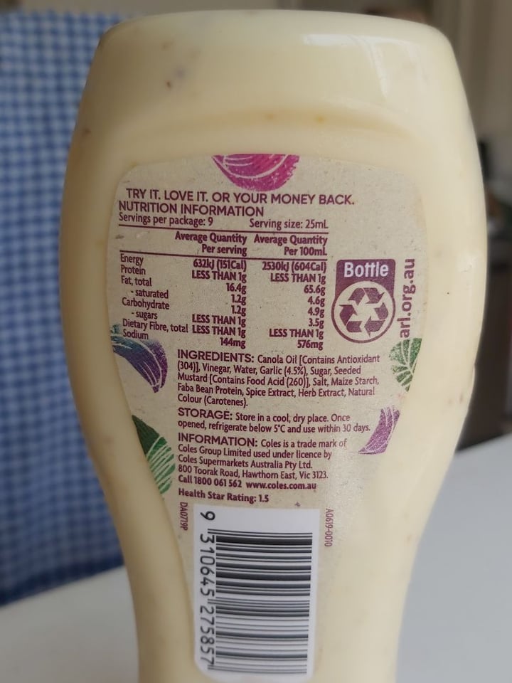 photo of Coles Vegan garlic aioli shared by @carozeta on  28 Dec 2019 - review