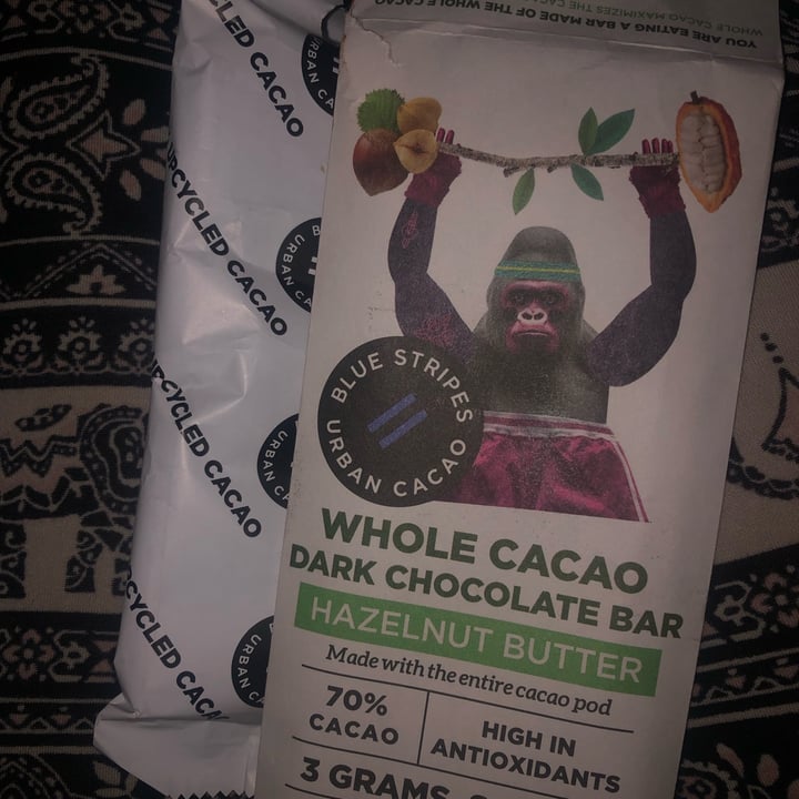 photo of Blue Stripes Urban Cacao Chocolate covered whole cacao beans, Hazelnut butter shared by @happyveganmomma on  14 Dec 2022 - review