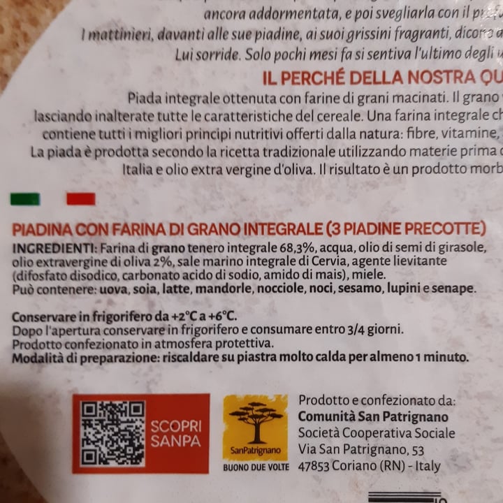 photo of San Patrignano Piada integrale con grano macinato tuttocorpo shared by @consusmall on  02 Nov 2022 - review