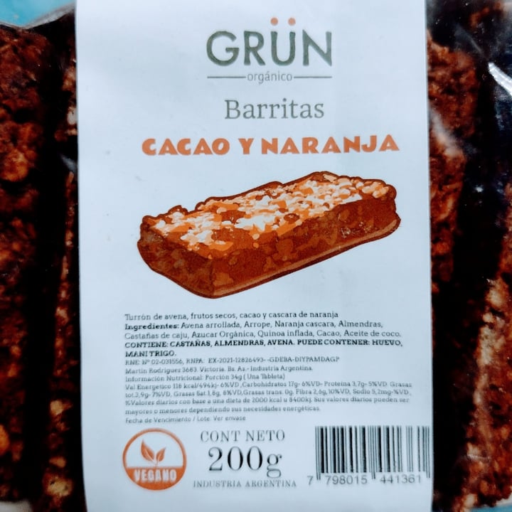 photo of Grün Orgánico Barritas de cacao y naranja shared by @alejandraglck on  01 Feb 2023 - review