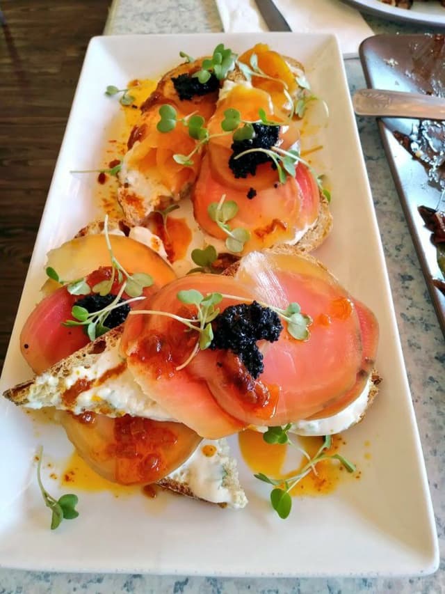 Photo of the dish “Beet 'Lox' & Herbed Cheese Crostini”