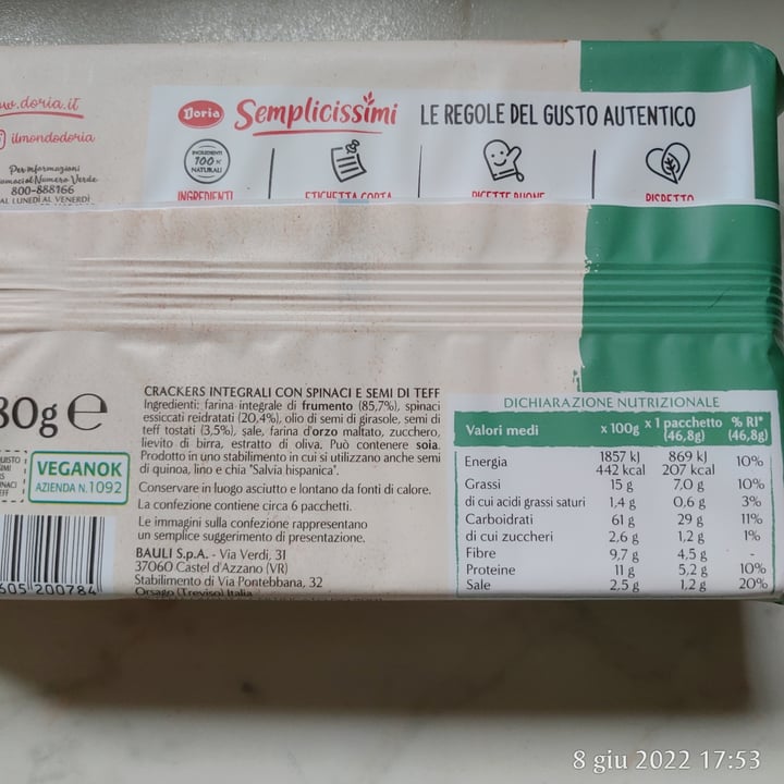 review photo of I semplicissimi doria Crackers Spinaci E Semi Tostati Di Teff shared by @eriros72 on 20 Jun 2022 - review