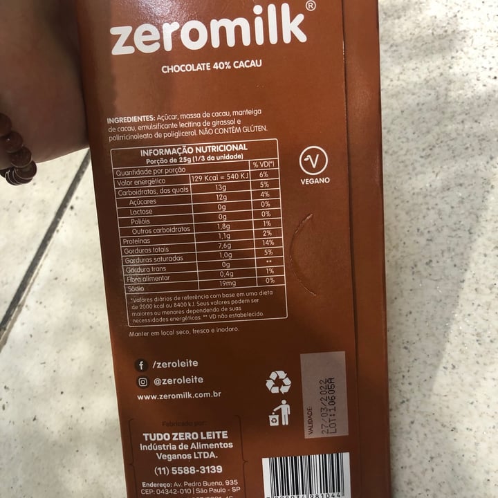 photo of Zeromilk Chocolate ao leite 40% Cacau shared by @vivianjodar on  22 Jul 2021 - review