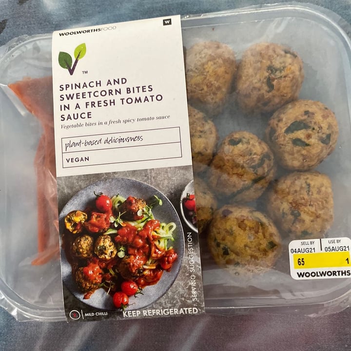 photo of Woolworths Food Spinach and sweetcorn bites in fresh tomato sauce shared by @lor on  01 Aug 2021 - review