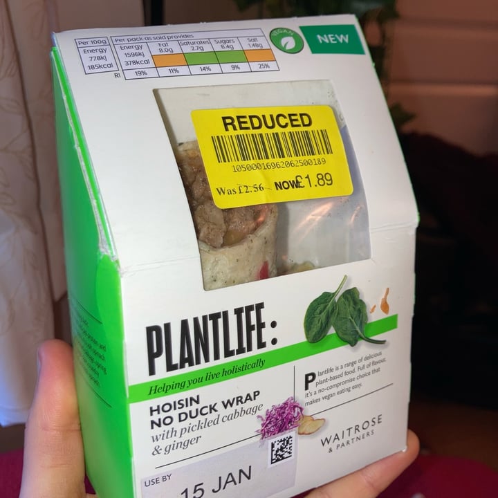 photo of Plantlife: Waitrose & partners hoisin no duck wrap shared by @vegismyguy on  22 Jan 2022 - review