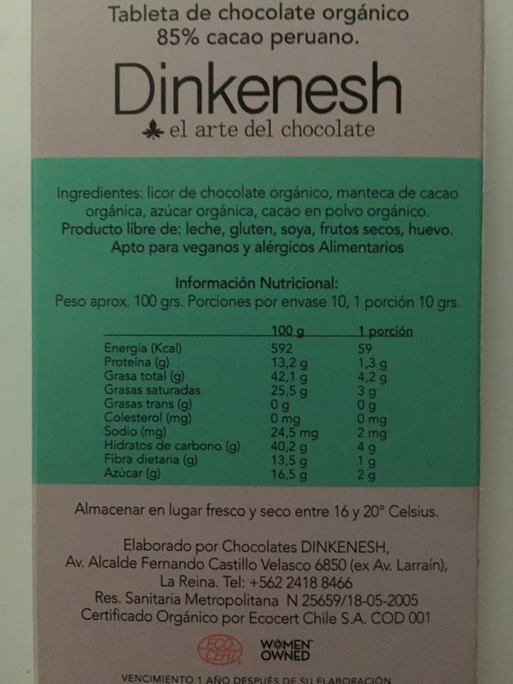 photo of Dinkenesh Chocolate orgánico 85% Cacao shared by @romiulloac on  20 Feb 2020 - review