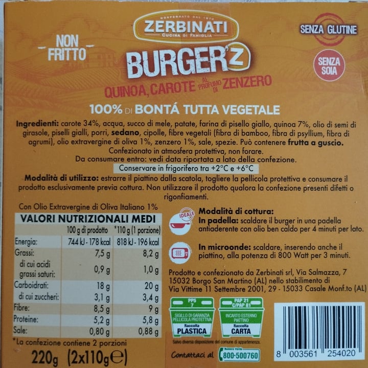 photo of Zerbinati burger quinoa, carote al profumo di zenzero shared by @lillieconnolly on  10 Nov 2022 - review