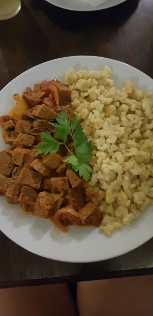 photo of Kozmosz Vegán Étterem Seitan stew with nokedli dumplings shared by @libbymw on  26 Jul 2019 - review